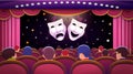 A theater stage with a red open curtain and red seats with people and comedy and tragedy theatre masks. Vector template illustrati Royalty Free Stock Photo